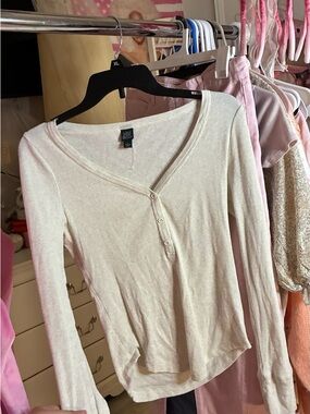 Ribbed Henley Long Sleeve Top in Cream - INC International Concepts